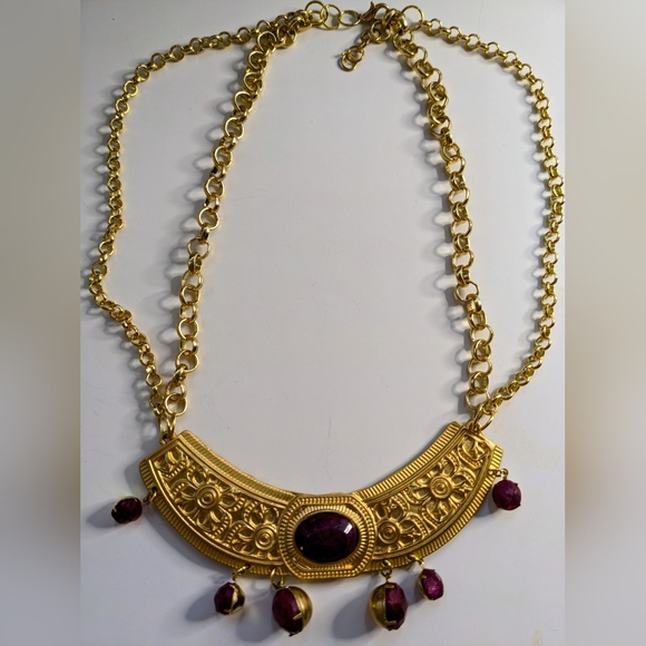 Red Reinassance Genuine Natural Rubies Collar Two Strand Necklace in Gold Plated - Picture 9 of 11